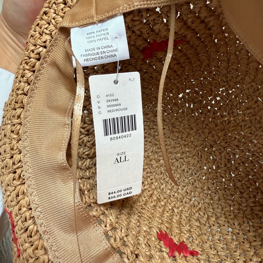 Anthropologie Brown Straw Hat with Red Hearts Embroidery - Picture 3 of 5